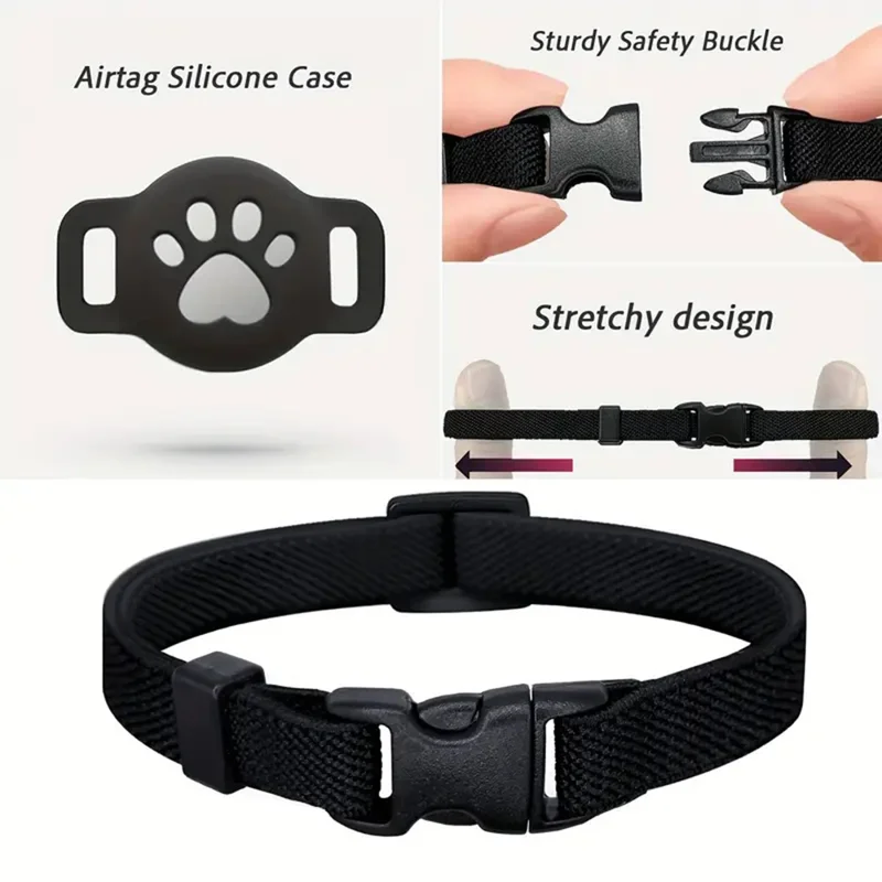 Funda de silicona para collar de gato con AirTag de Apple, soporte para rastreador con diseño de huella de pata y película protectora - Negro