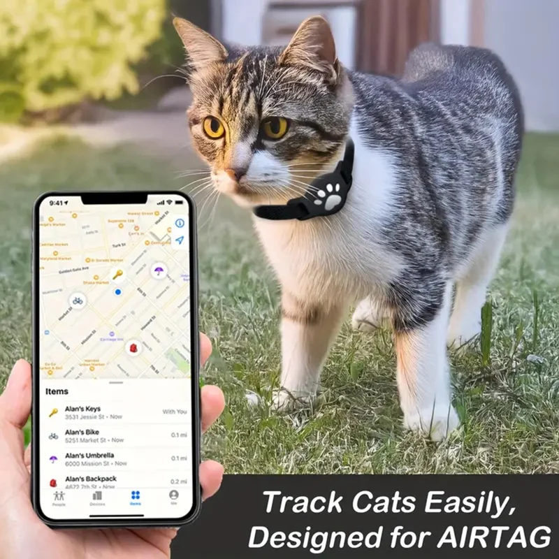 Funda de silicona para collar de gato con AirTag de Apple, soporte para rastreador con diseño de huella de pata y película protectora - Negro