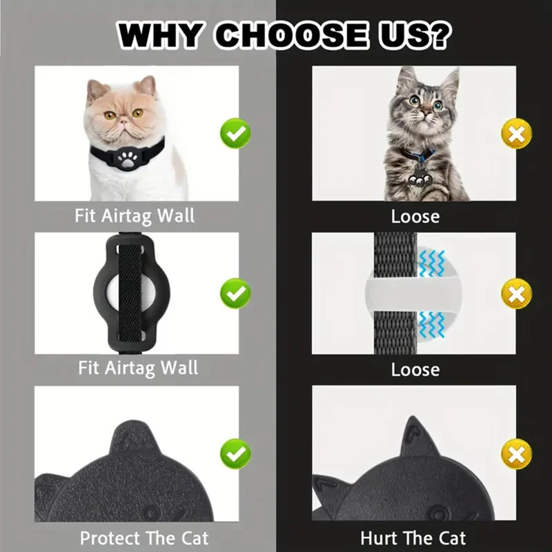 Funda de silicona para collar de gato con AirTag de Apple, soporte para rastreador con diseño de huella de pata y película protectora - Negro
