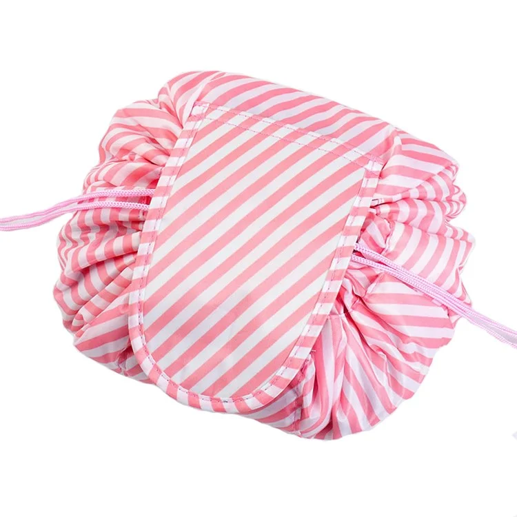 Portable Travel Toiletry Bag Drawstring Makeup Cosmetics Storage Bag with Magic Tape Lid - Pink/Stripe