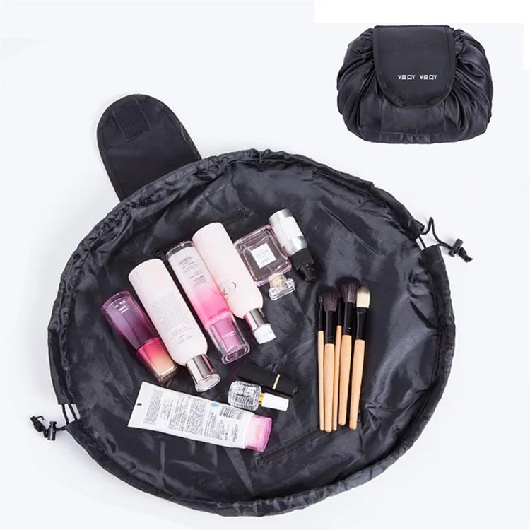 Portable Travel Toiletry Bag Drawstring Makeup Cosmetics Storage Bag with Magic Tape Lid - Pink/Stripe