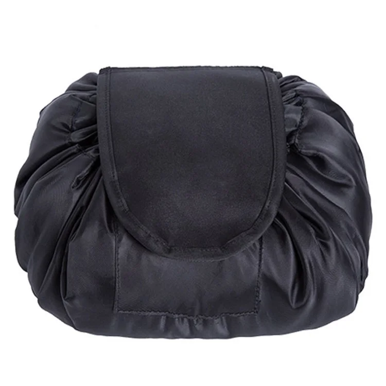 Portable Travel Toiletry Bag Drawstring Makeup Cosmetics Storage Bag with Magic Tape Lid - Black