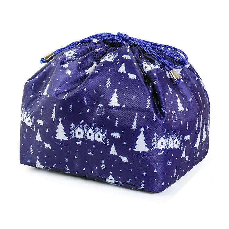 Portable Travel Drawstring Toiletry Bag Nylon Makeup Cosmetics Storage Bag - Christmas Blue