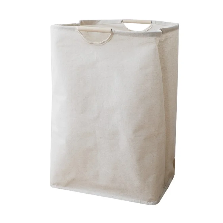 Collapsible Laundry Basket with Wooden Handles Cotton Linen Storage Basket for Clothes Blanket Kids Toy, Size L
