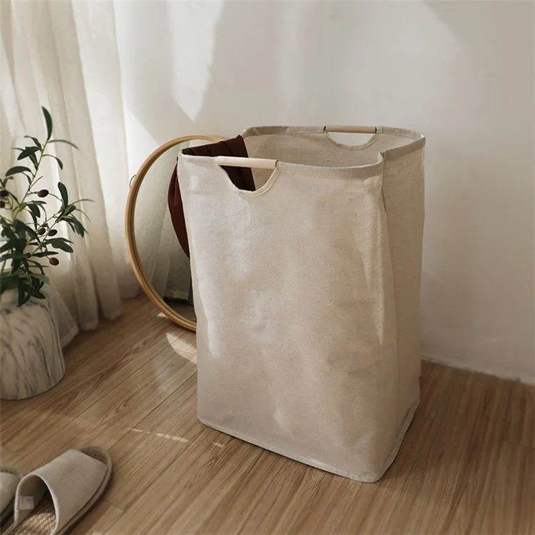 Collapsible Laundry Basket with Wooden Handles Cotton Linen Storage Basket for Clothes Blanket Kids Toy, Size L