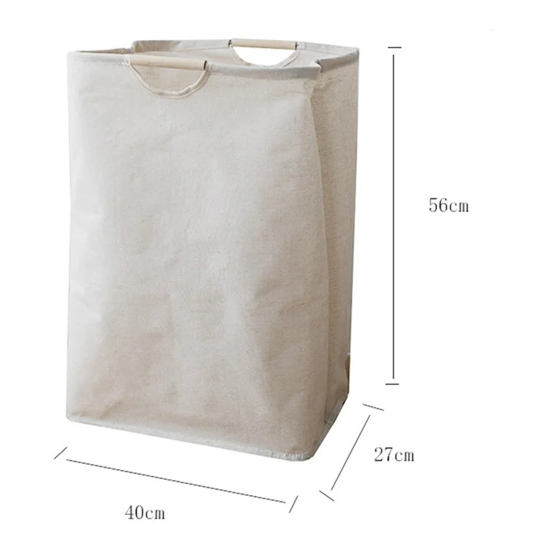 Collapsible Laundry Basket with Wooden Handles Cotton Linen Storage Basket for Clothes Blanket Kids Toy, Size L