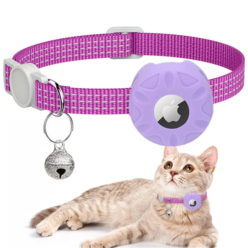 Funda de silicona compatible con AirTag, collar para mascotas reflectante, funda protectora con campana compatible con Bluetooth - morado