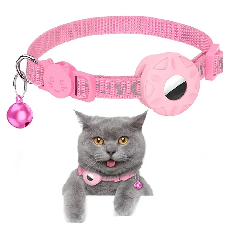 For AirTag Silicone Case Reflective Pet Collar GPS Tracker Protective Cover with Bell - Pink