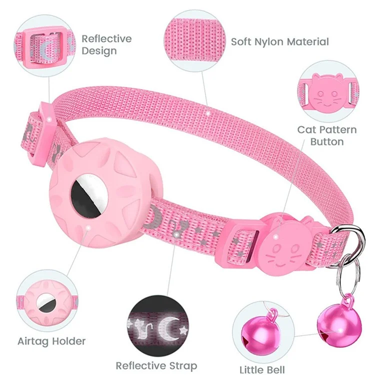 For AirTag Silicone Case Reflective Pet Collar GPS Tracker Protective Cover with Bell - Pink