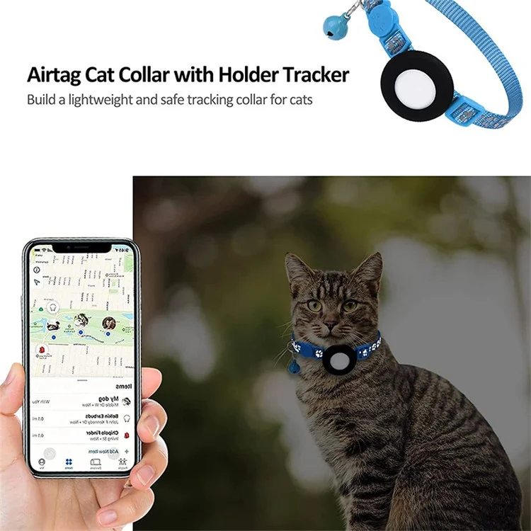 For AirTag Silicone Case Paw Pattern Reflective Pet Collar GPS Tracker Protective Cover with Bell - Sky Blue