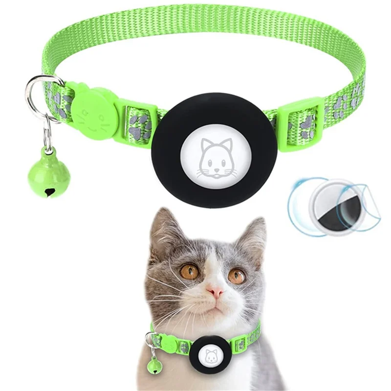 For AirTag Silicone Case Paw Pattern Reflective Pet Collar GPS Tracker Protective Cover with Bell, with Front Back Film Set - Light Green