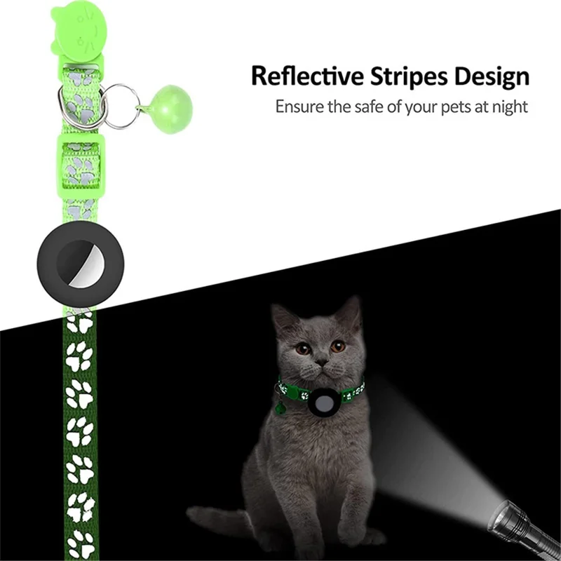 For AirTag Silicone Case Paw Pattern Reflective Pet Collar GPS Tracker Protective Cover with Bell, with Front Back Film Set - Light Green