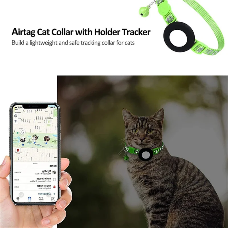 For AirTag Silicone Case Paw Pattern Reflective Pet Collar GPS Tracker Protective Cover with Bell, with Front Back Film Set - Light Green