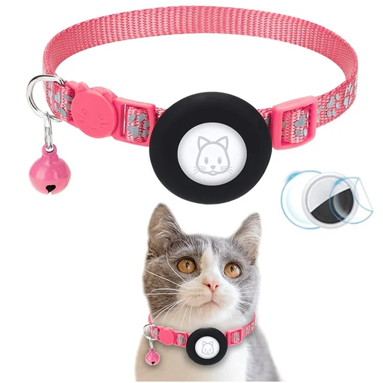 For AirTag Silicone Case Paw Pattern Reflective Pet Collar GPS Tracker Protective Cover with Bell - Rose