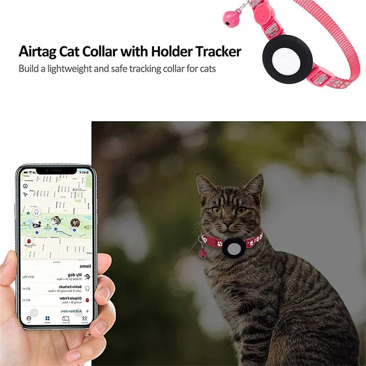 For AirTag Silicone Case Paw Pattern Reflective Pet Collar GPS Tracker Protective Cover with Bell - Rose