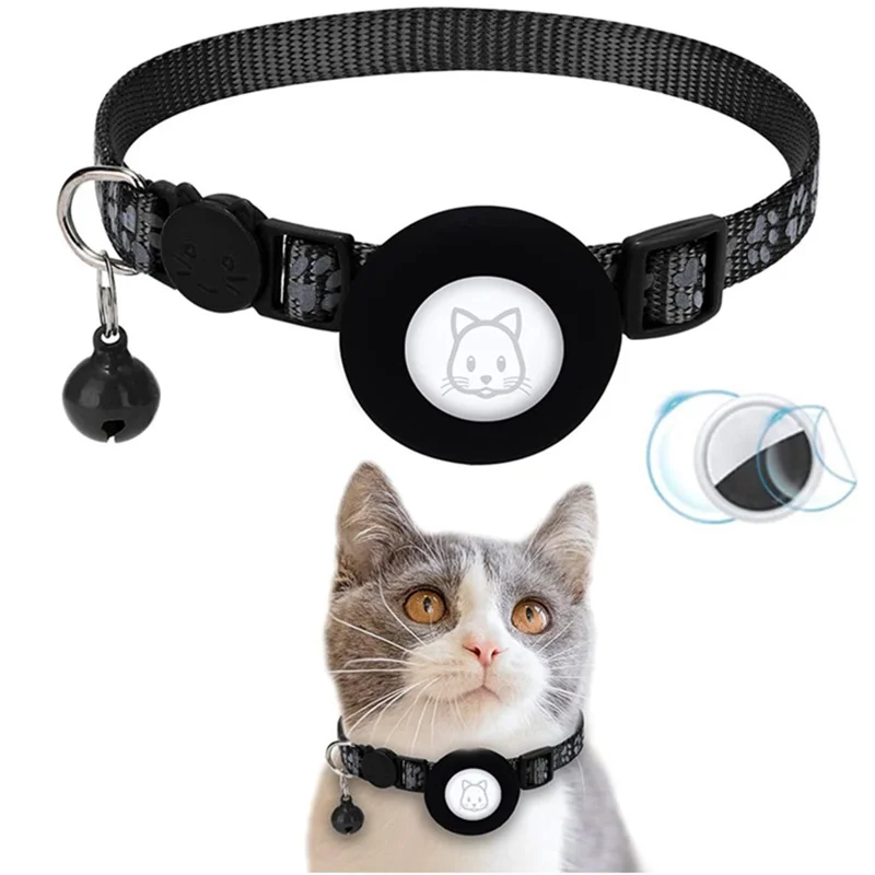 For AirTag Silicone Case Paw Pattern Reflective Pet Collar GPS Tracker Protective Cover with Bell, with Front Back Film Set - Black
