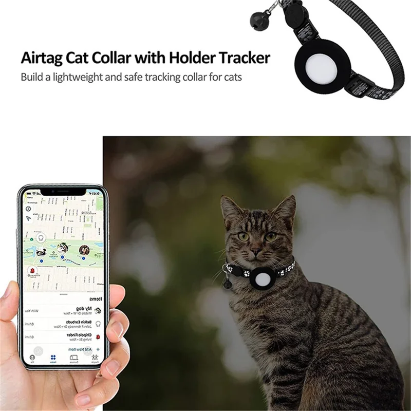 For AirTag Silicone Case Paw Pattern Reflective Pet Collar GPS Tracker Protective Cover with Bell, with Front Back Film Set - Black