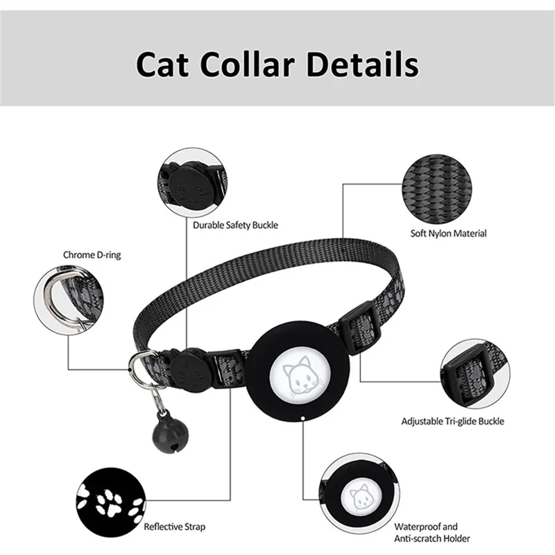 For AirTag Silicone Case Paw Pattern Reflective Pet Collar GPS Tracker Protective Cover with Bell, with Front Back Film Set - Black