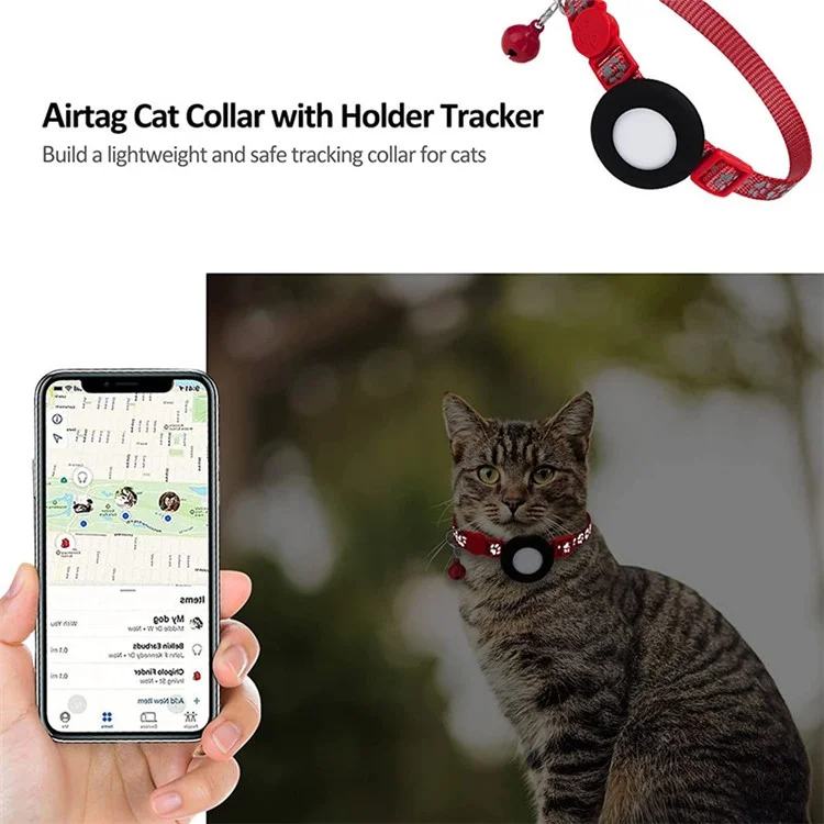 For AirTag Silicone Case Paw Pattern Reflective Pet Collar GPS Tracker Protective Cover with Bell - Red