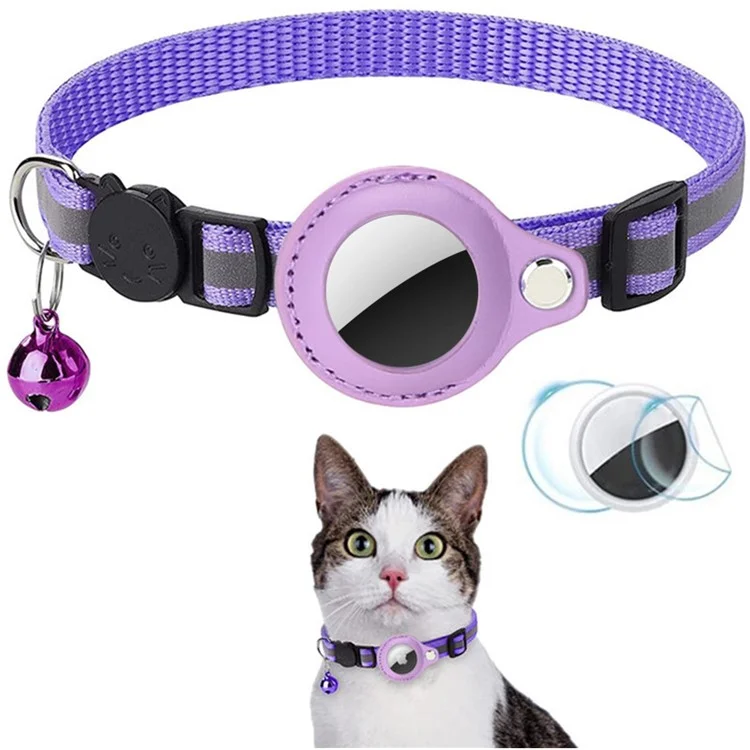 For AirTag PU Leather Case Reflective Pet Collar GPS Tracker Protective Cover with Bell - Purple