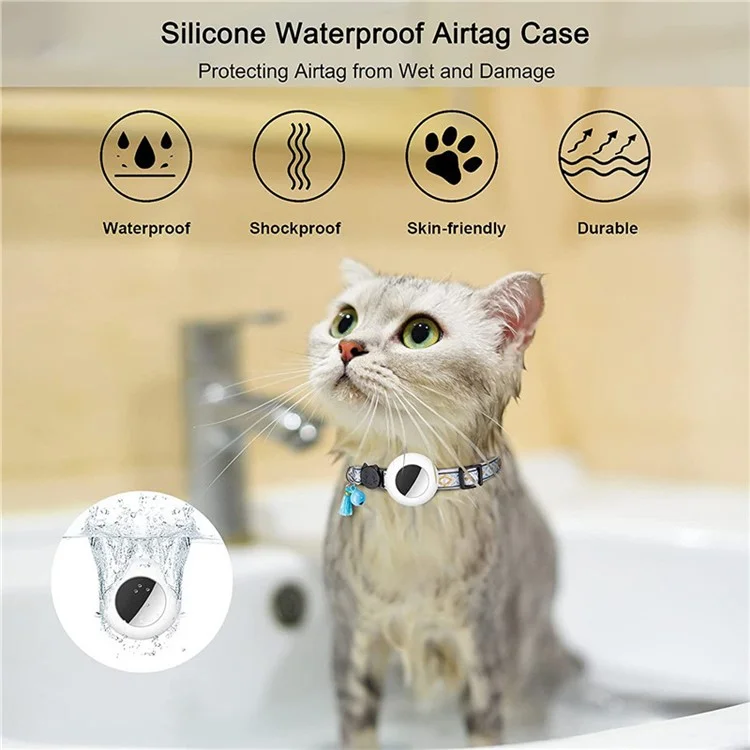 Waterproof Silicone Case for AirTag Adjustable Pet Collar GPS Cat Collar with Tassel / Film - White
