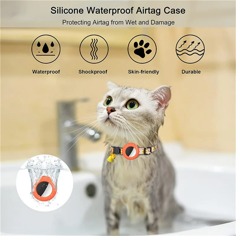 Waterproof Silicone Case for AirTag Adjustable Pet Collar GPS Cat Collar with Tassel / Film - Orange