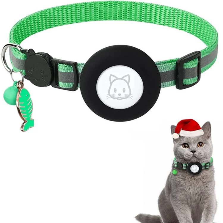 Silicone Case for AirTag Reflective Pet Collar GPS Tracker Cover with Bell and Fish Shape Pendant - Green