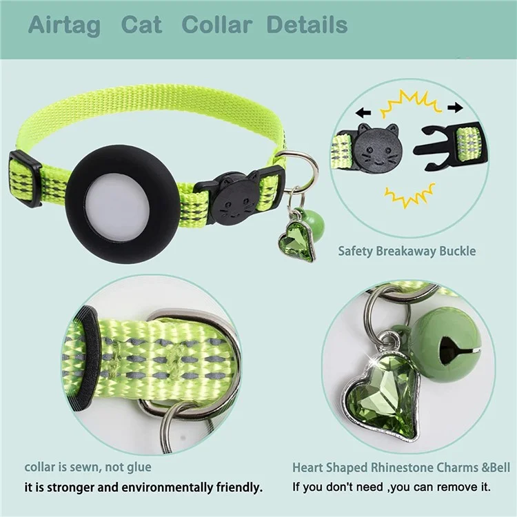 Capa de Proteção Silicone com Guizo e Pingente com Formato de Coração para Rastreador GPS de Colar de Estimação AirTag - Verde