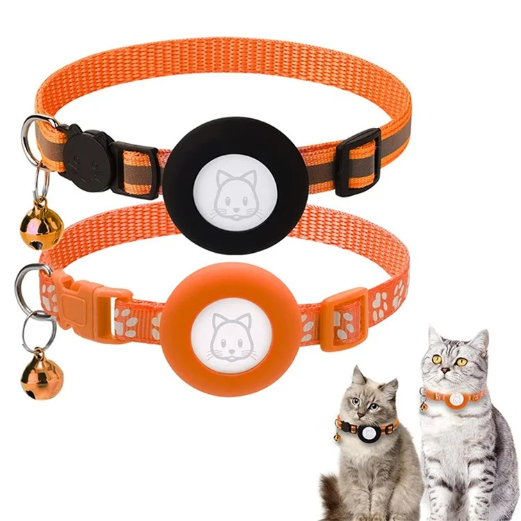 2Pcs / Set Protective Case for AirTag Reflective Nylon Pet Collar GPS Tracker Silicone Cover with Bell - Orange