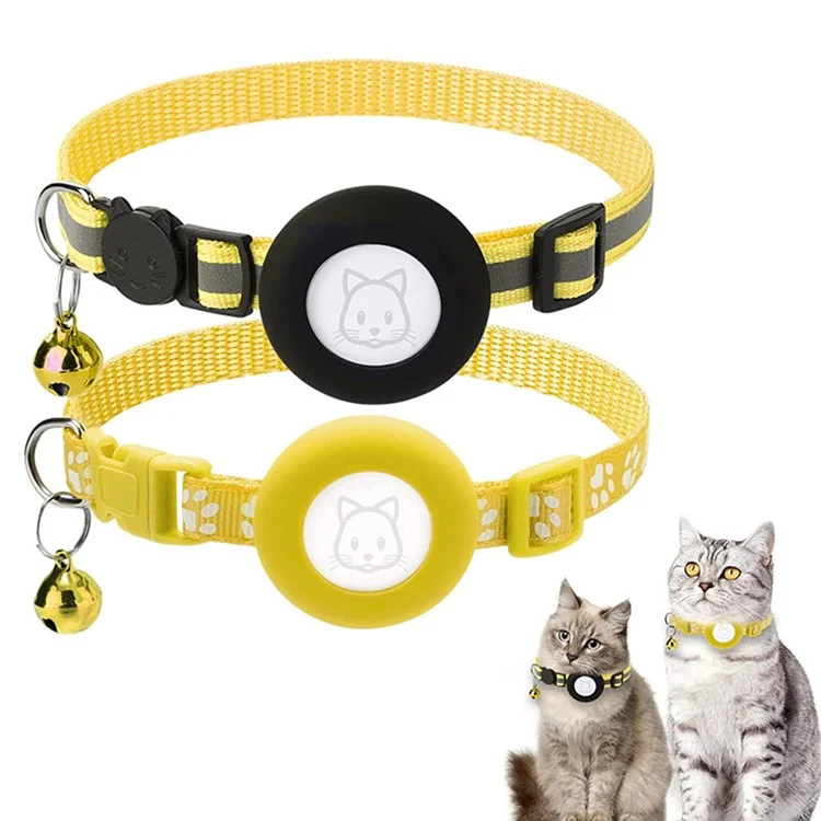Étui de protection 2 pièces / Ensemble pour traceur GPS de collier pour animaux de compagnie en nylon réfléchissant AirTag - Couvercle en silicone avec cloche - Jaune
