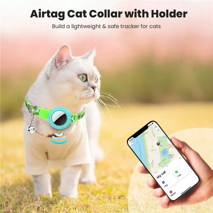 Silicone Case for AirTag Locator Fruit Pattern GPS Tracker Adjustable Pet Collar with Bell - Green