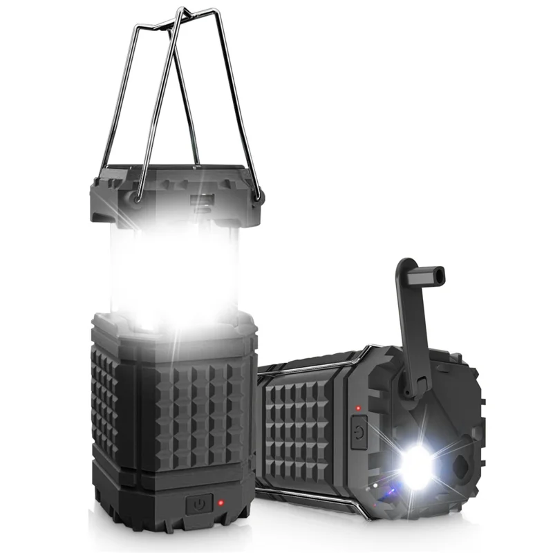 Portable Solar Hand Crank Camping Light 3000mAh Power Bank Outdoor Emergency Phone Charger - Black