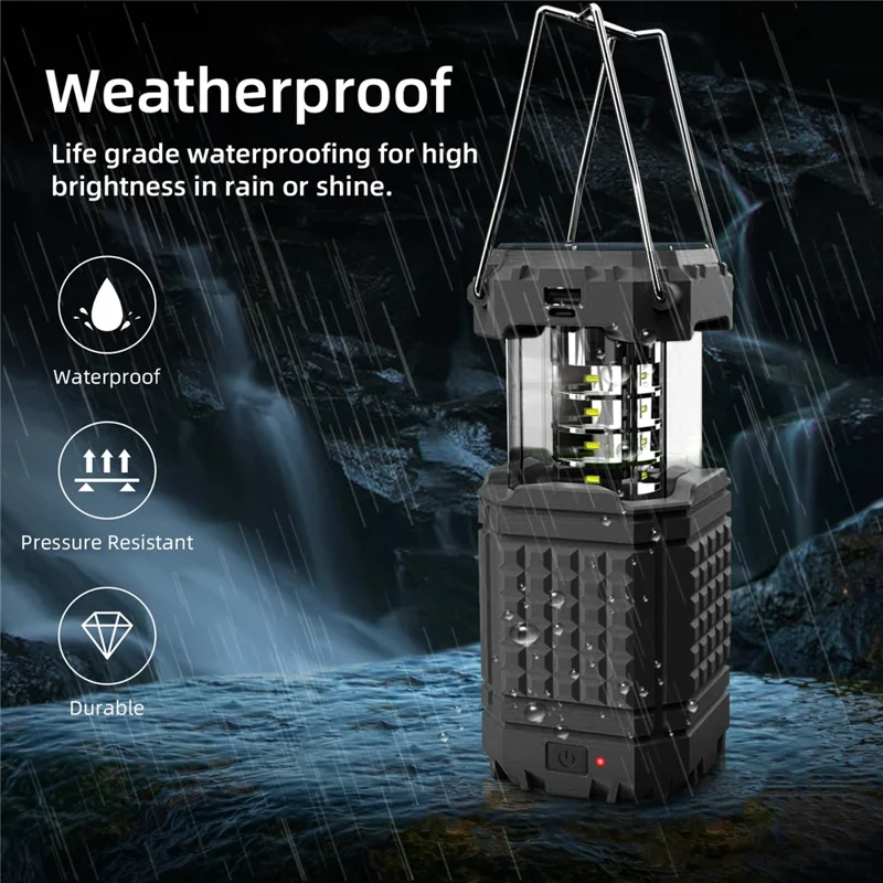 Portable Solar Hand Crank Camping Light 3000mAh Power Bank Outdoor Emergency Phone Charger - Black