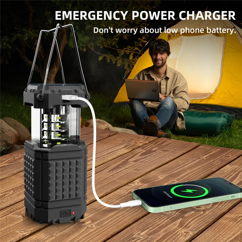 Portable Solar Hand Crank Camping Light 3000mAh Power Bank Outdoor Emergency Phone Charger - Black