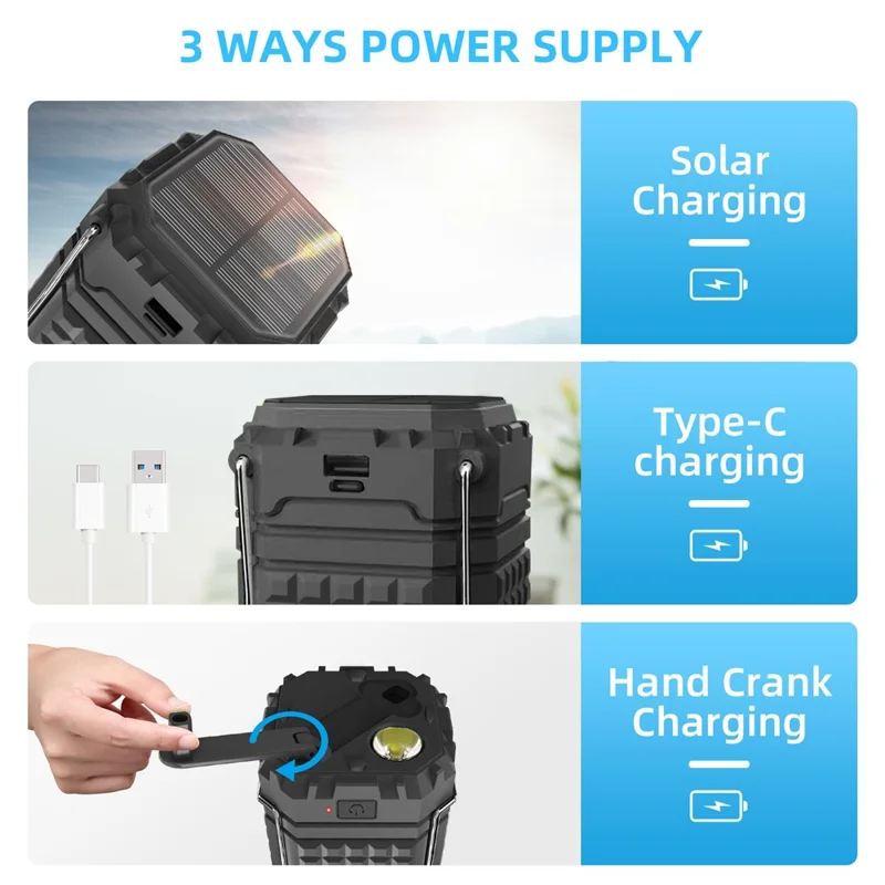 Portable Solar Hand Crank Camping Light 3000mAh Power Bank Outdoor Emergency Phone Charger - Black