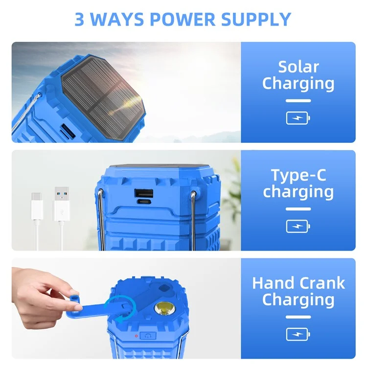Портативный солнечный ручной фонарь с аккумулятором 3000 мАч, Power Bank, зарядное устройство для экстренной зарядки телефона на открытом воздухе - синий
