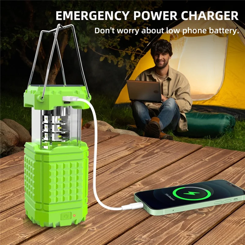 Portable Solar Hand Crank Camping Light 3000mAh Power Bank Outdoor Emergency Phone Charger - Green