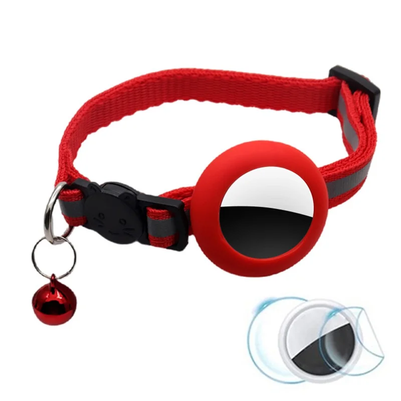Anti-Scratch Silicone Case for AirTag Reflective Pet Collar GPS Tracker Cover with Bell, with Front Back Film Set - Red
