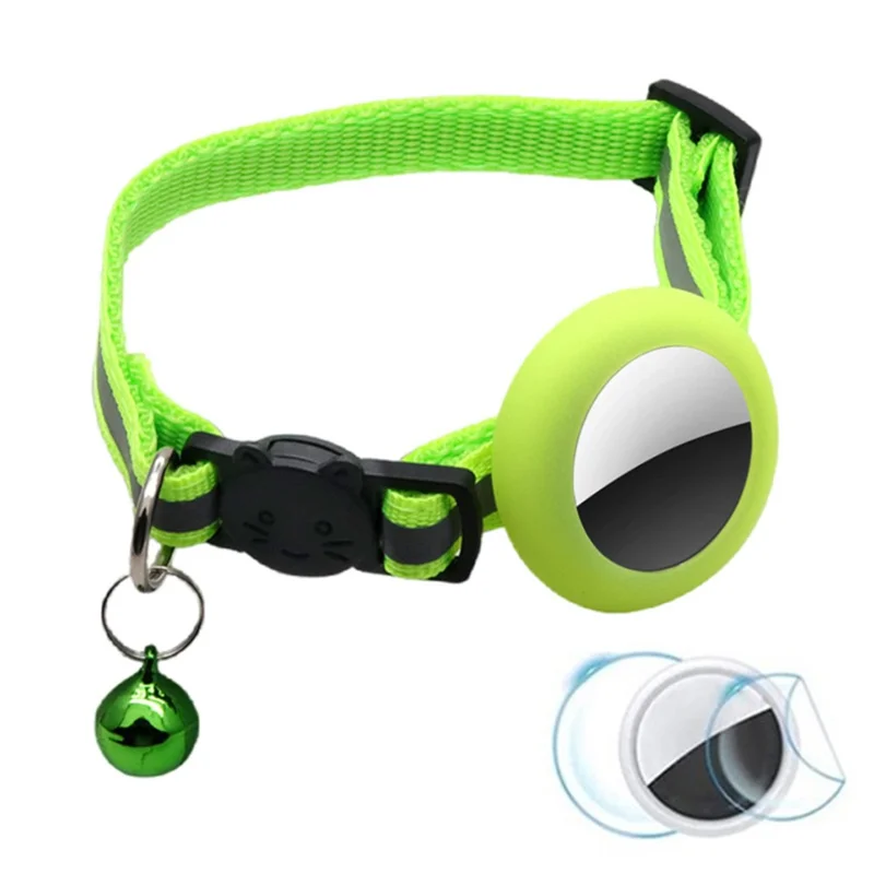 Anti-Scratch Silicone Case for AirTag Reflective Pet Collar GPS Tracker Cover with Bell, with Front Back Film Set - Grass Green
