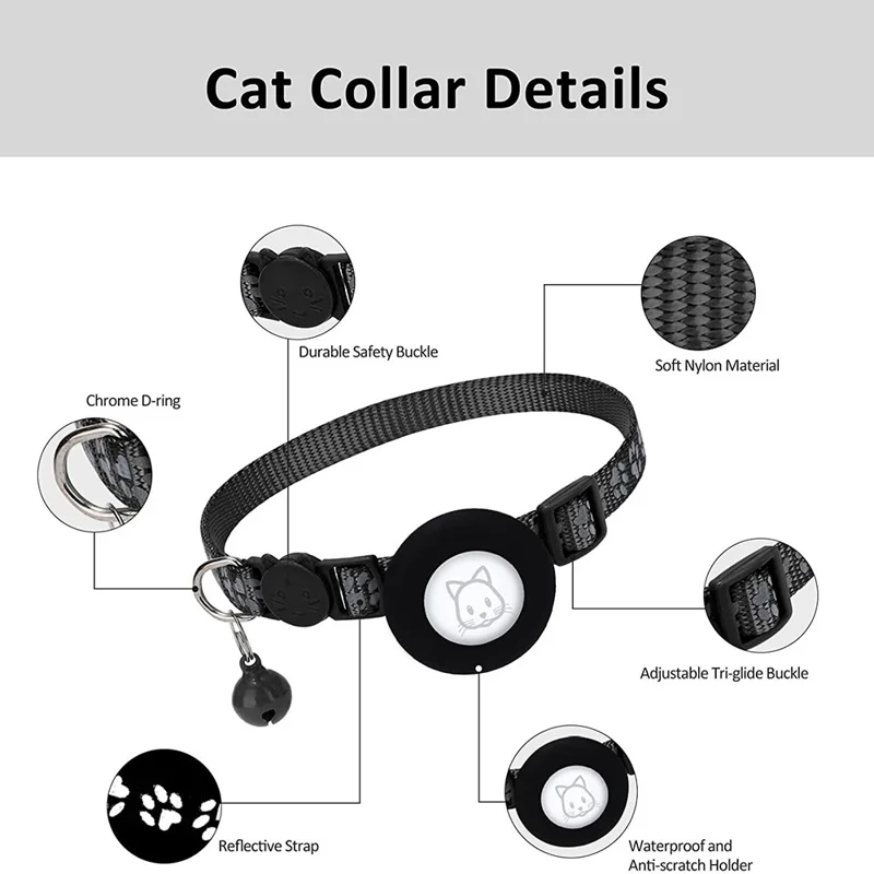 Protective Case for AirTag Reflective Pet Collar GPS Tracker Silicone Cover with Bell and Anti-lost Pendant - Black