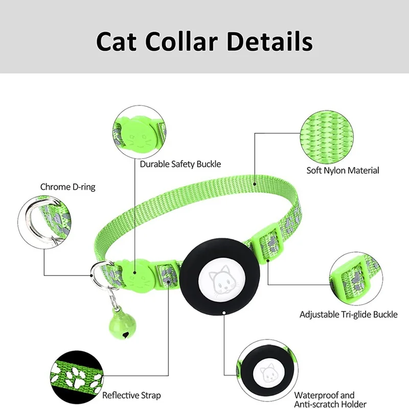 Protective Case for AirTag Reflective Pet Collar GPS Tracker Silicone Cover with Bell and Anti-lost Pendant - Light Green
