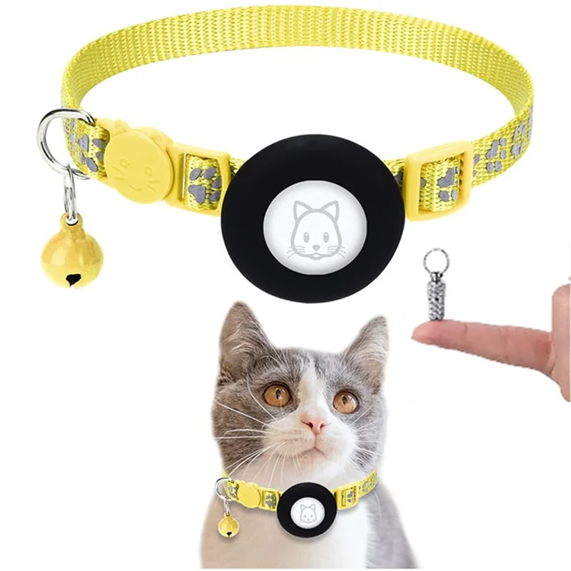 Protective Case for AirTag Reflective Pet Collar GPS Tracker Silicone Cover with Bell and Anti-lost Pendant - Yellow