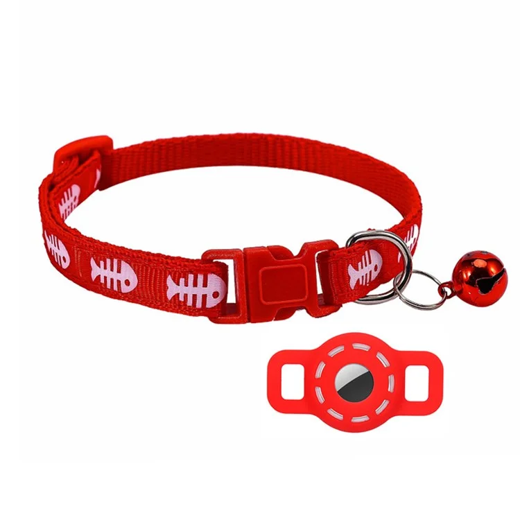 Fishbone Pattern Adjustable Pet Collar Silicone Case for AirTag GPS Cats Dogs Collar with Bell - Red