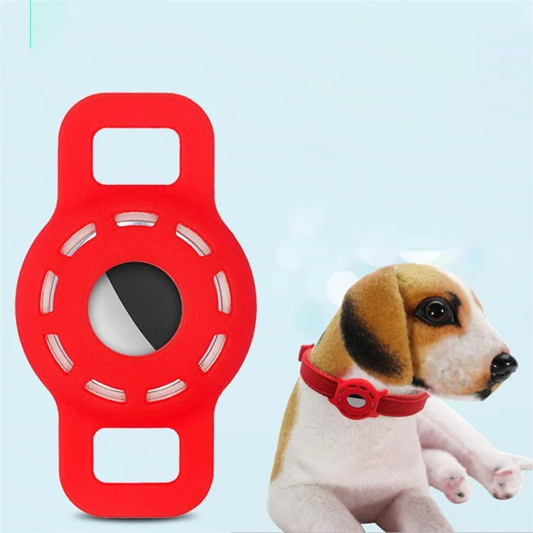 Fishbone Pattern Adjustable Pet Collar Silicone Case for AirTag GPS Cats Dogs Collar with Bell - Red