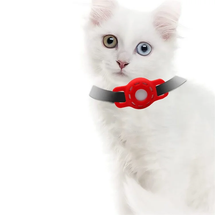 Fishbone Pattern Adjustable Pet Collar Silicone Case for AirTag GPS Cats Dogs Collar with Bell - Red