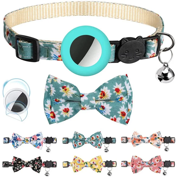 Adjustable Pet Collar with Silicone Case+Film for AirTag GPS Cats Dogs Collar with Bell, Bow - Mint Green