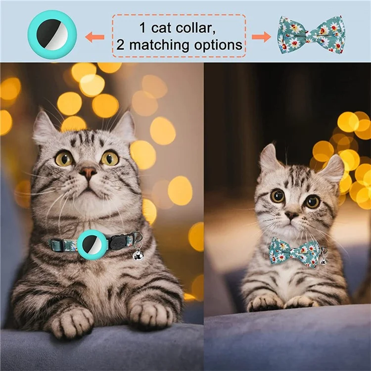 Adjustable Pet Collar with Silicone Case+Film for AirTag GPS Cats Dogs Collar with Bell, Bow - Mint Green