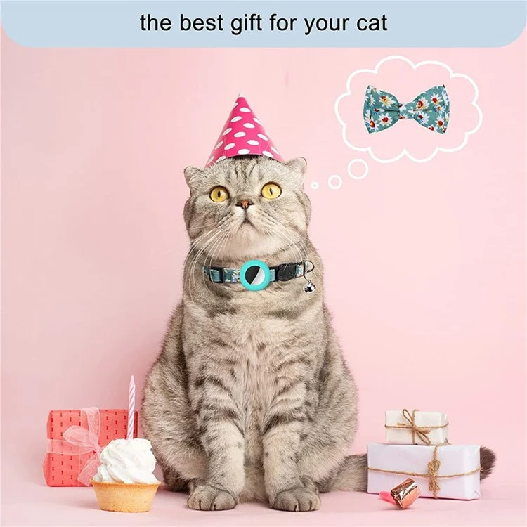 Adjustable Pet Collar with Silicone Case+Film for AirTag GPS Cats Dogs Collar with Bell, Bow - Mint Green
