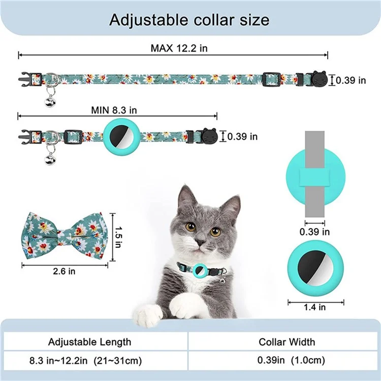 Adjustable Pet Collar with Silicone Case+Film for AirTag GPS Cats Dogs Collar with Bell, Bow - Mint Green