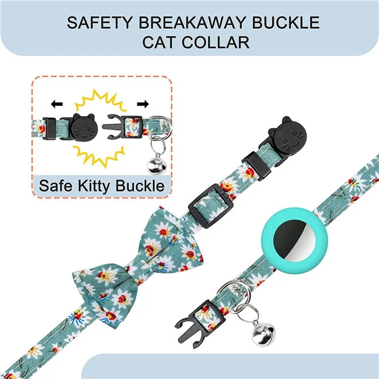 Adjustable Pet Collar with Silicone Case+Film for AirTag GPS Cats Dogs Collar with Bell, Bow - Mint Green